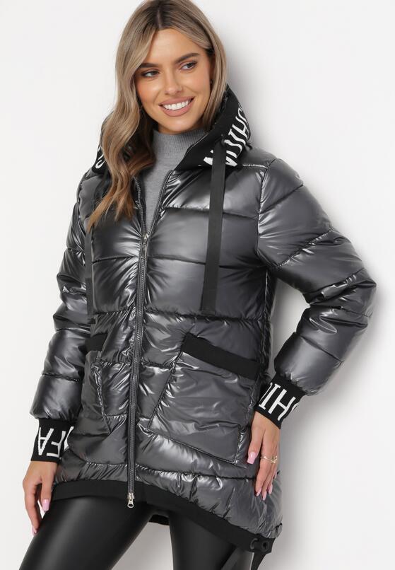 Ciemnoszara Kurtka Pikowana z Kapturem Saevia 4