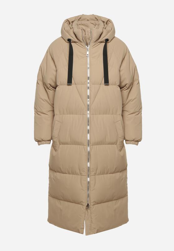 Beżowa Długa Kurtka Pikowana Płaszcz na Zamek z Kapturem Lesea 6