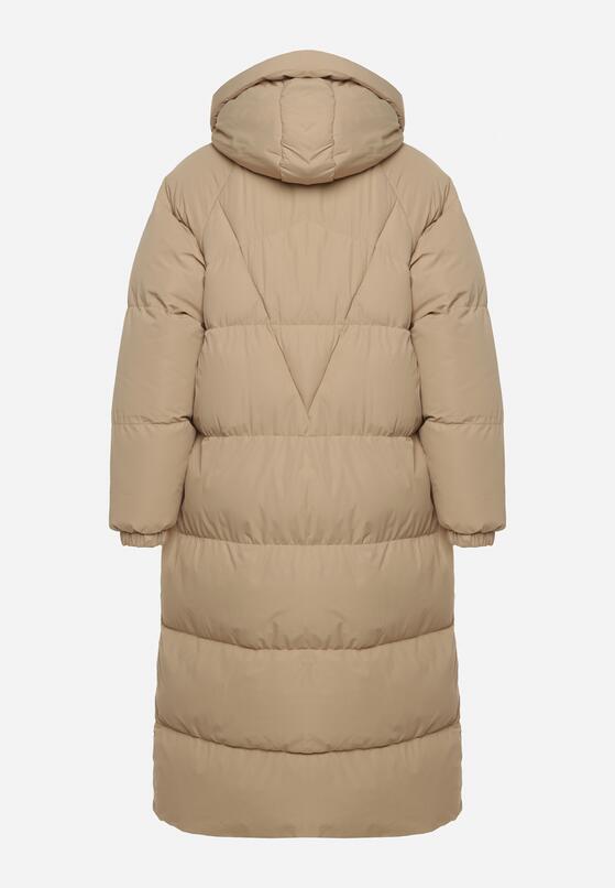 Beżowa Długa Kurtka Pikowana Płaszcz na Zamek z Kapturem Lesea 7