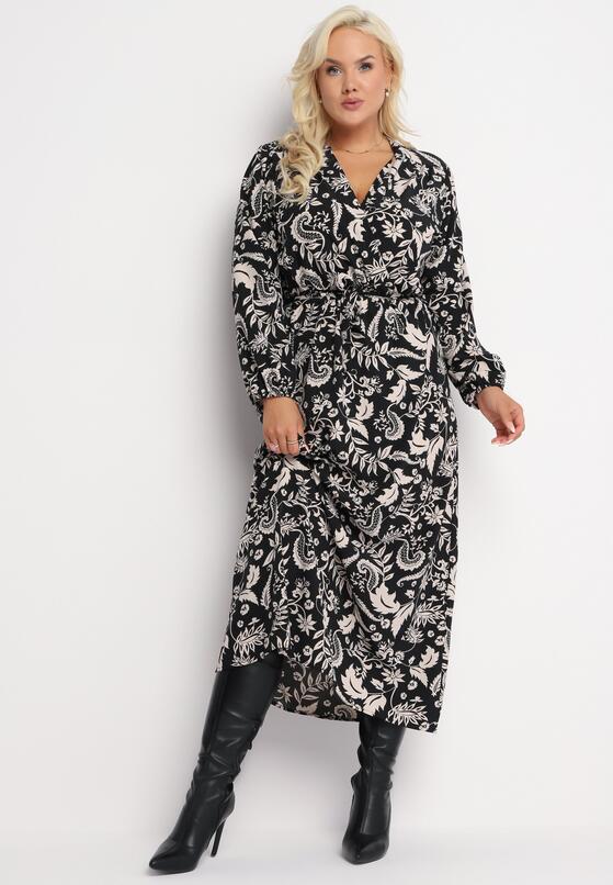 Czarna Sukienka Maxi o Rozkloszowanym Fasonie w Modny Print Renni 1