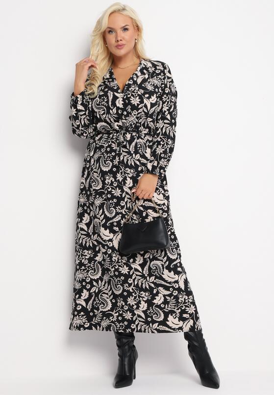 Czarna Sukienka Maxi o Rozkloszowanym Fasonie w Modny Print Renni 2