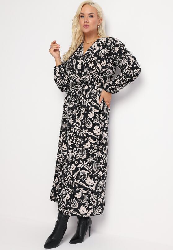 Czarna Sukienka Maxi o Rozkloszowanym Fasonie w Modny Print Renni 4