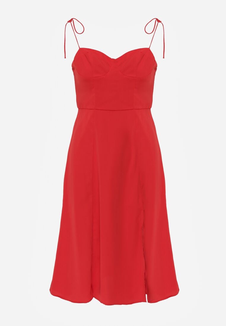 Czerwona Rozkloszowana Sukienka na Ramiączkach z Rozcięciem Sveame 6