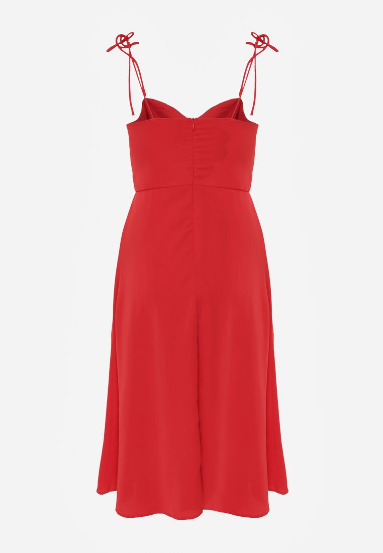 Czerwona Rozkloszowana Sukienka na Ramiączkach z Rozcięciem Sveame 7