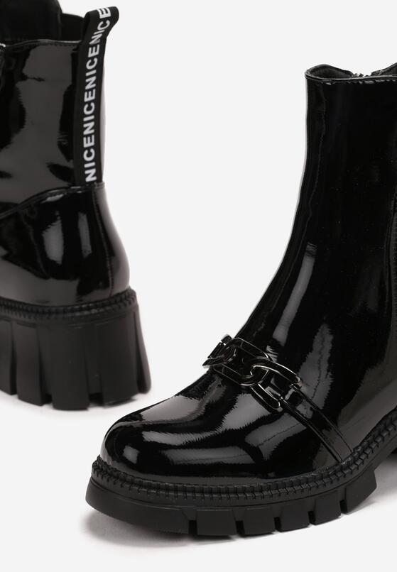 Czarne Lakierowane Botki na Niewysokim Słupku z Cholewką za Kostkę Semikas 5