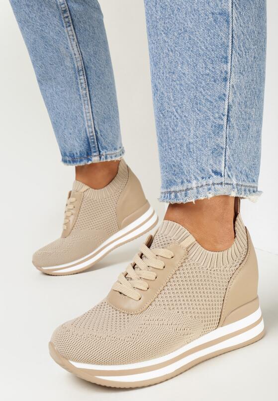 Ciemnobeżowe Sneakersy na Koturnie z Wiązaniem Kainusse 1