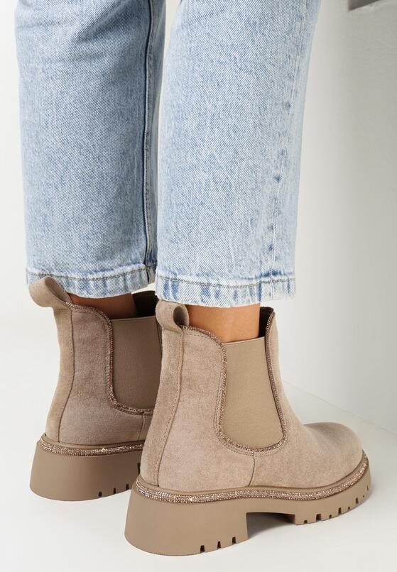 Ciemnobeżowe Botki Sztyblety z Cyrkoniami Sefia 2