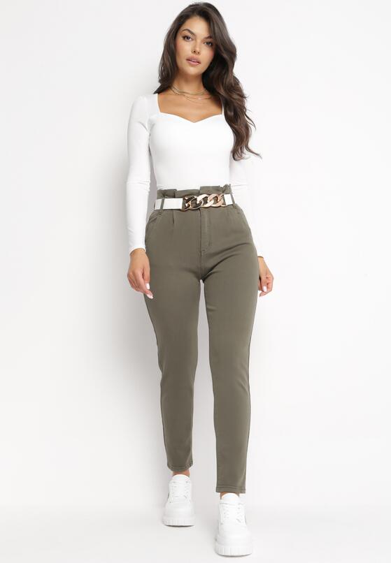 Ciemnozielone Jeansy Mom Fit z Paskiem Ceva 4