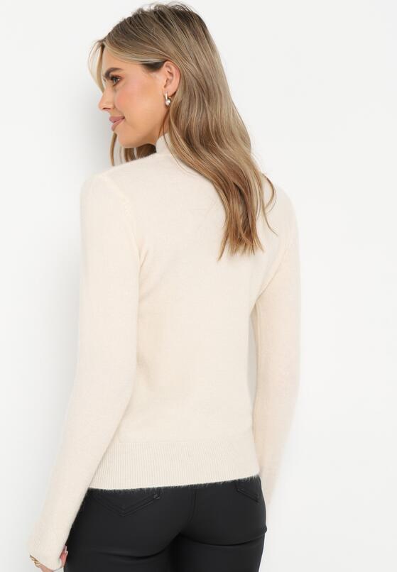 Biało-Beżowy Klasyczny Sweter Golf ze Ściągaczami na Rękawach Cunna 3