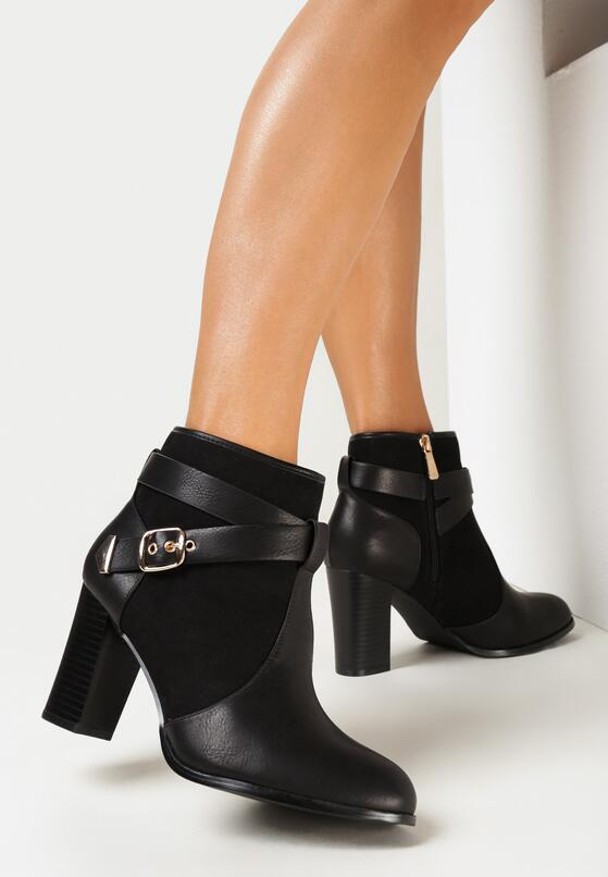 Czarne Botki na Słupku Ozdobione Paskiem i Klamerką Winare 2