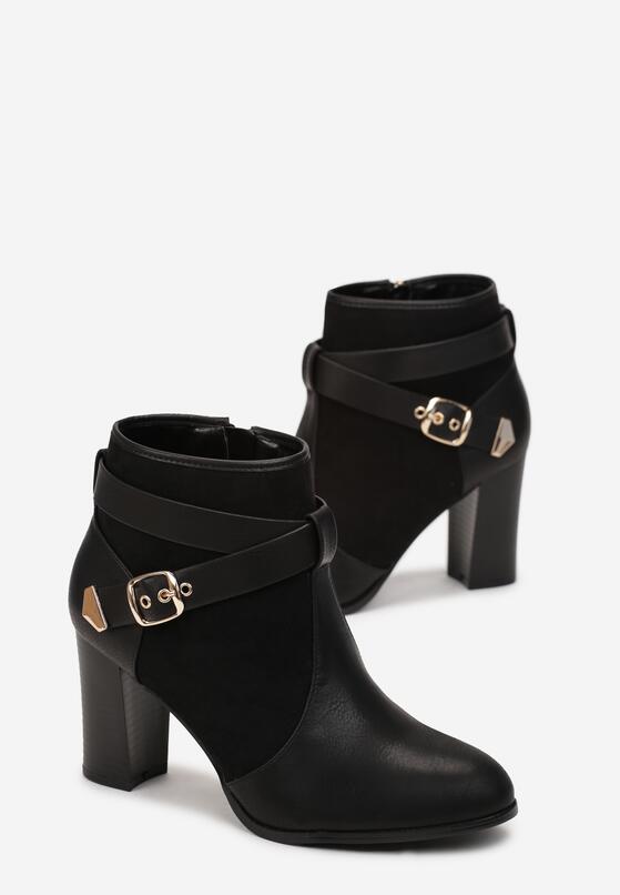 Czarne Botki na Słupku Ozdobione Paskiem i Klamerką Winare 4