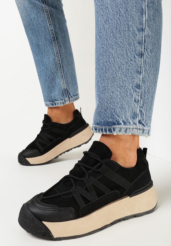 Czarne Sneakersy na Płaskiej Grubej Podeszwie z Imitacji Zamszu Ozdobione Wstawkami z Ekoskóry Mariatta 2