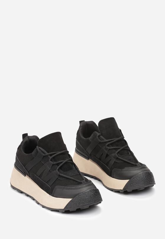 Czarne Sneakersy na Płaskiej Grubej Podeszwie z Imitacji Zamszu Ozdobione Wstawkami z Ekoskóry Mariatta 4