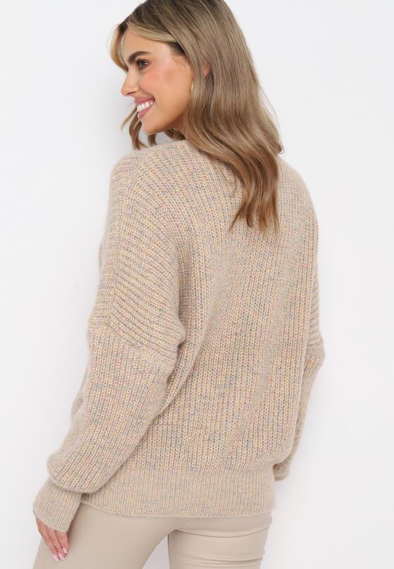 Beżowy Luźny Sweter z Trójkątnym Dekoltem i Ściągaczami Tamado 3
