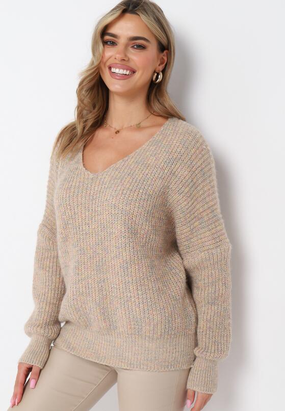 Beżowy Luźny Sweter z Trójkątnym Dekoltem i Ściągaczami Tamado 4