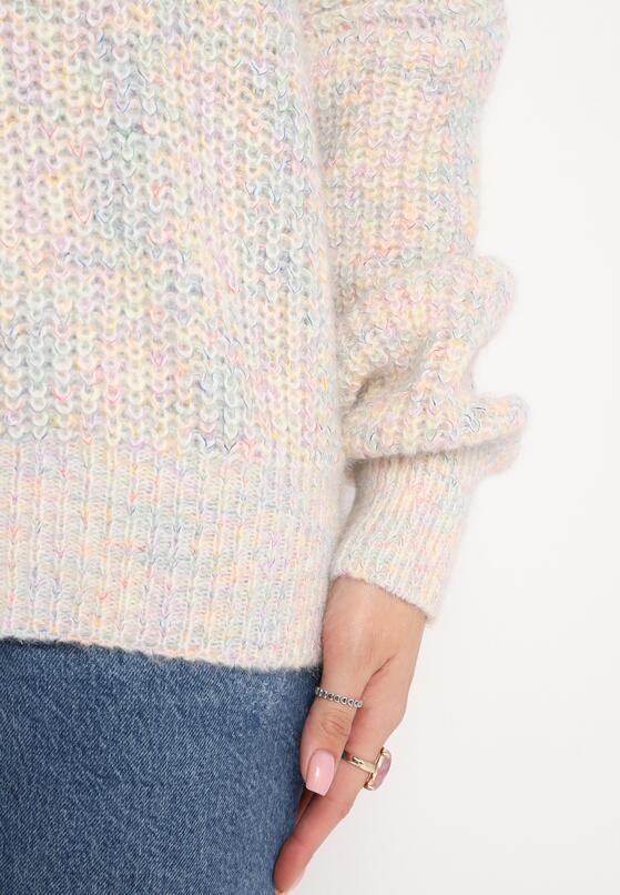 Jasnobeżowy Luźny Sweter z Trójkątnym Dekoltem i Ściągaczami Tamado 5