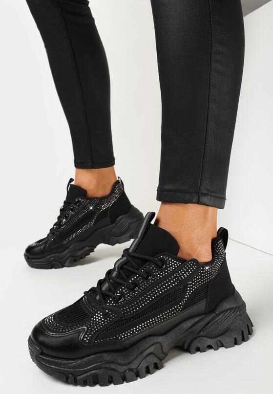 Czarne Sneakersy na Grubej Podeszwie w Cyrkonie Incolea 1