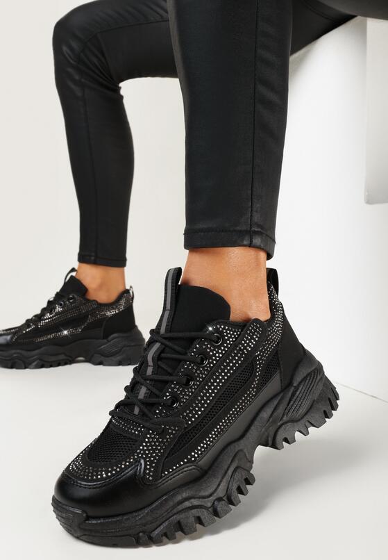 Czarne Sneakersy na Grubej Podeszwie w Cyrkonie Incolea 2