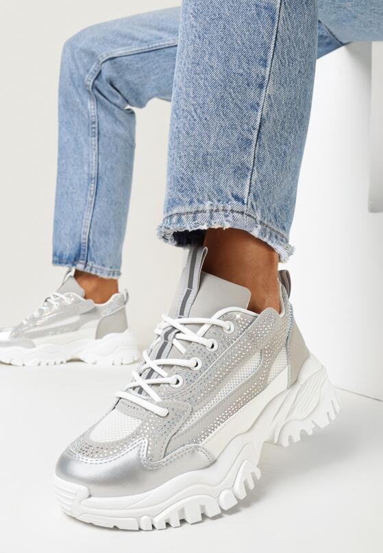 Srebrne Sneakersy na Grubej Podeszwie w Cyrkonie Incolea 2