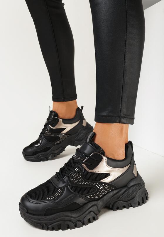 Czarne Sneakersy w Cyrkonie na Grubej Podeszwie Daniattas 2