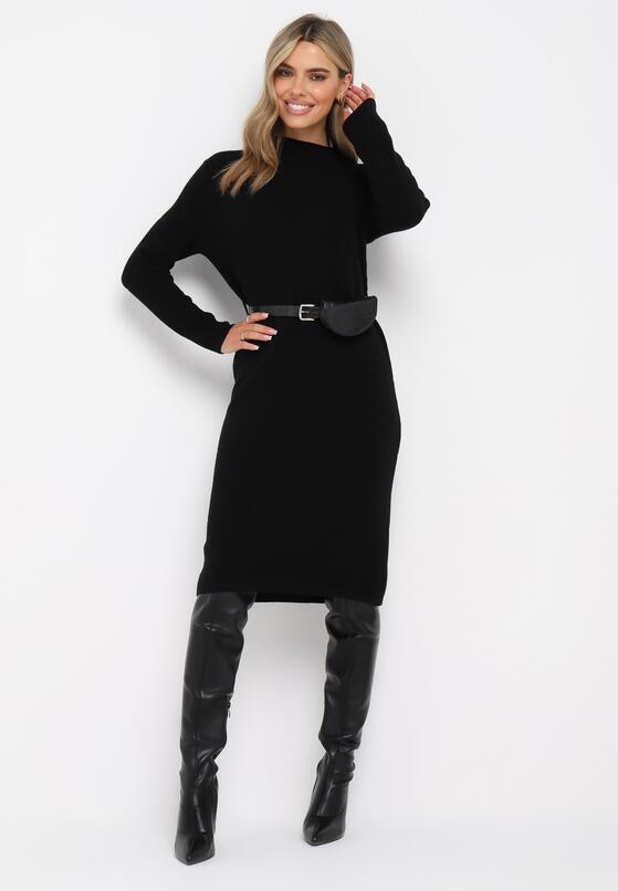 Czarna Sweterkowa Sukienka Midi z Długim Rękawem i Paskiem z Klamrą Worella 2