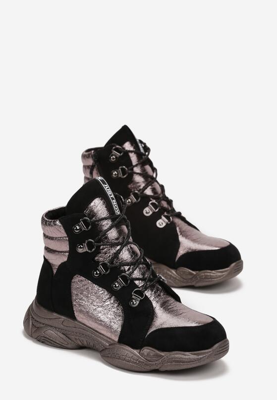 Czarne Botki na Grubej Podeszwie z Metalicznymi Wstawkami Rikole 2