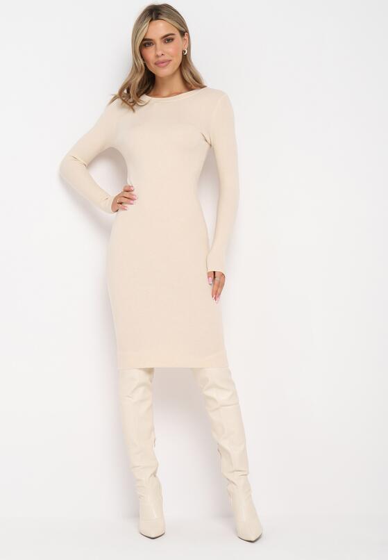 Beżowa Sweterkowa Midi Sukienka z Długim Rękawem i Okrągłym Dekoltem z Wełną i Kaszmirem Purive 1