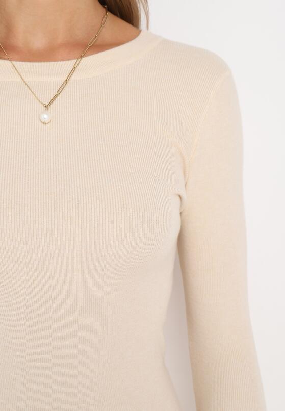 Beżowa Sweterkowa Midi Sukienka z Długim Rękawem i Okrągłym Dekoltem z Wełną i Kaszmirem Purive 5