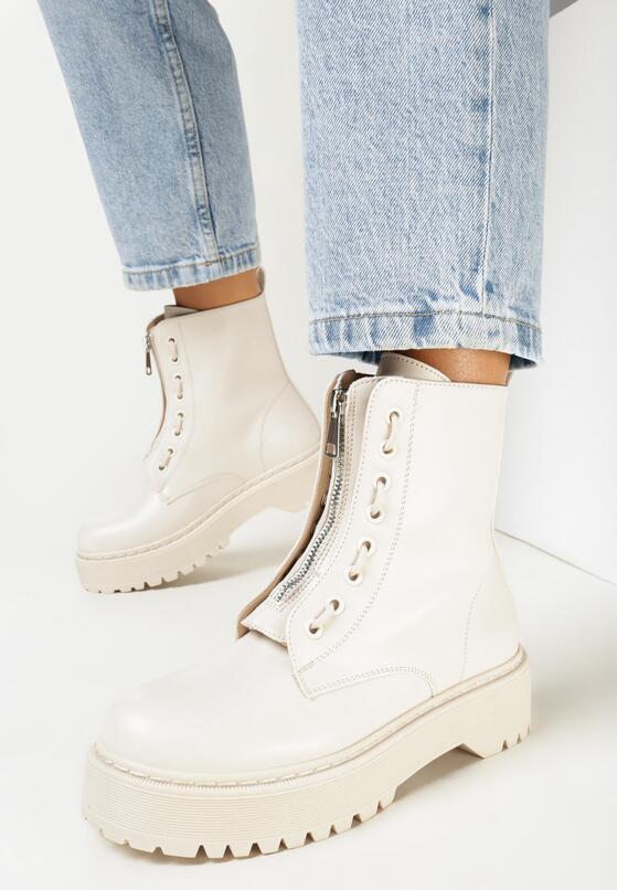 Beżowe Botki Workery z Suwakiem z Przodu Mielani 2