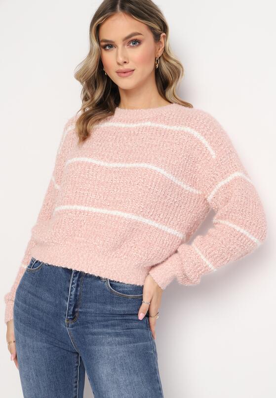 Różowy Sweter z Wełną i Bawełną w Paseczki Lurella 4