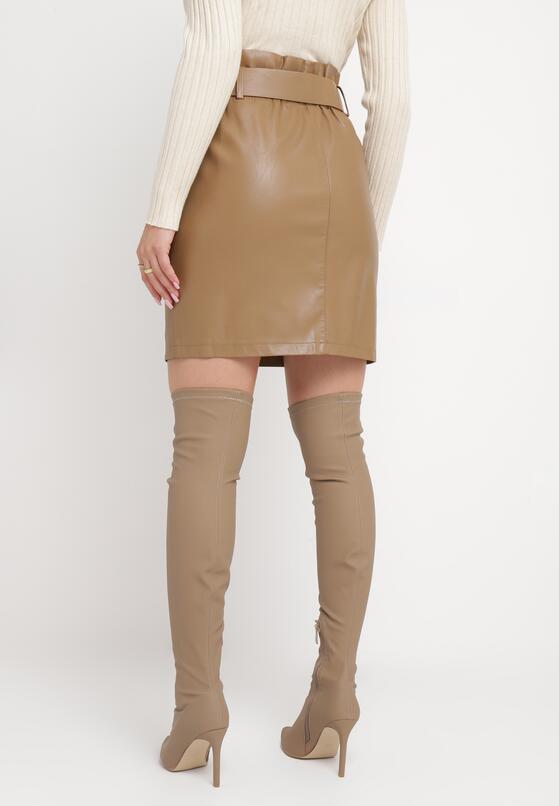 Brązowa Spódnica Mini z Paskiem z Imitacji Skóry Idrala 3