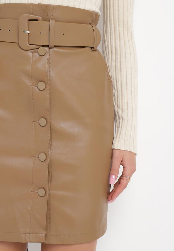 Brązowa Spódnica Mini z Paskiem z Imitacji Skóry Idrala 5