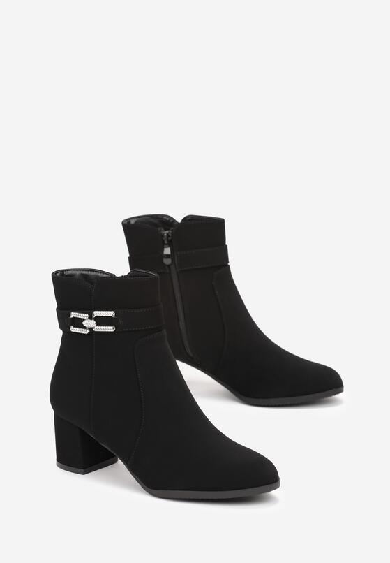 Czarne Botki na Słupkowym Obcasie z Klamrą Ozdobioną Cyrkoniami Celesto 4