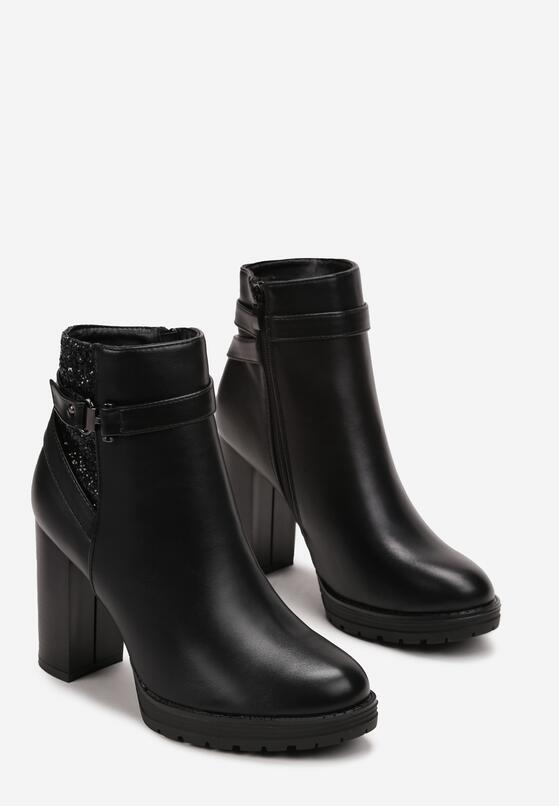 Czarne Botki na Słupku z Brokatową Wstawką Lovasii 4