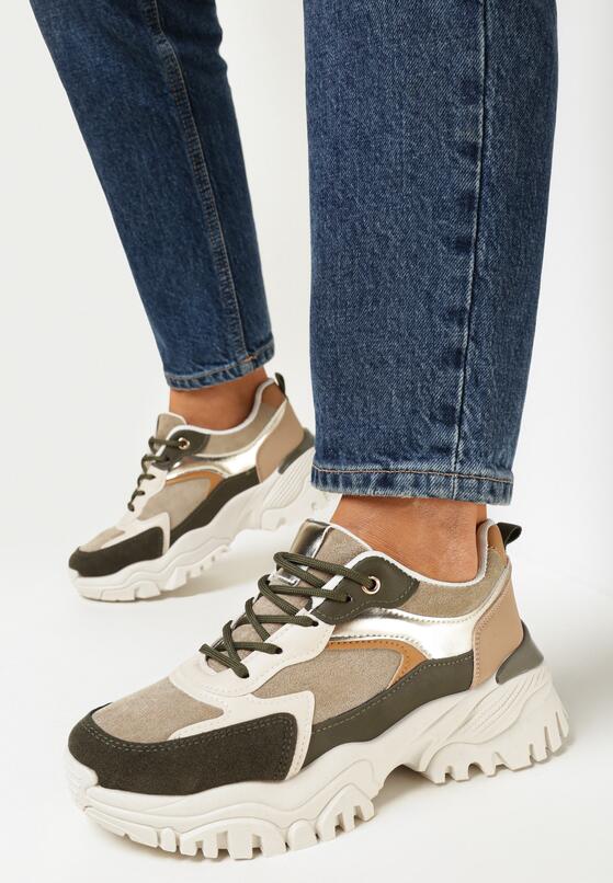 Beżowo-Zielone Sneakersy na Grubej Podeszwie Alinare 2