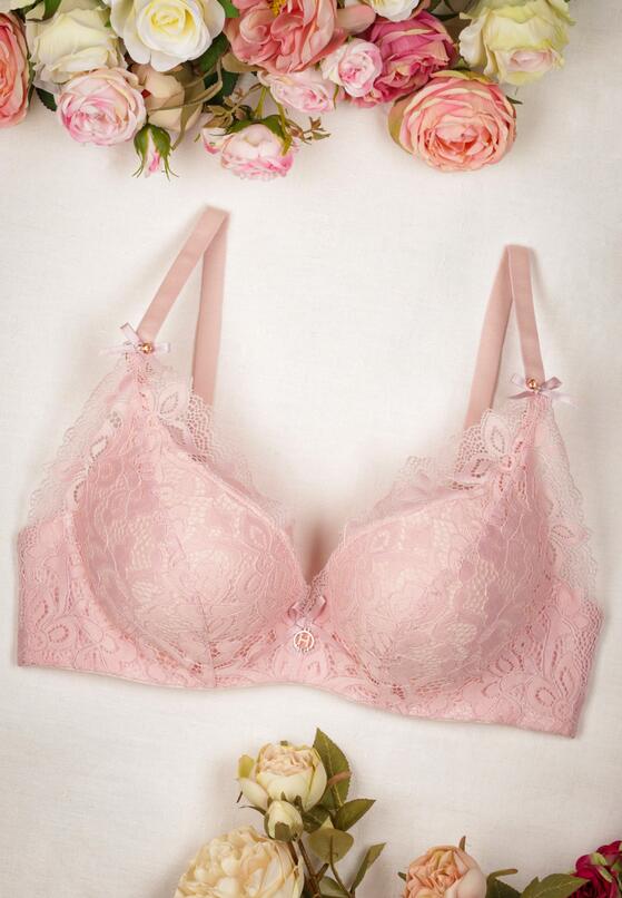 Różowy Koronkowy Biustonosz Push-Up Ozdobiony Kokardkami Enevisa 1