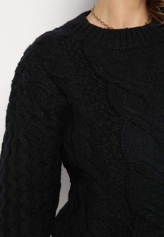 Czarny Sweter z Bawełną i Wełną z Warkoczykowym Splotem Venqille 5