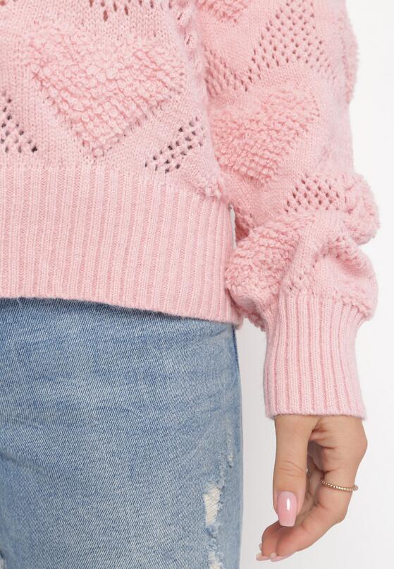 Różowy Sweter w Serca o Klasycznym Fasonie ze Ściągaczami Biriet 5