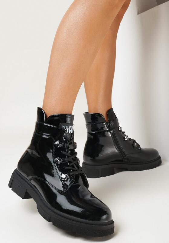 Czarne Sznurowane Botki na Płaskiej Podeszwie Ozdobione Cyrkonami Werive 2