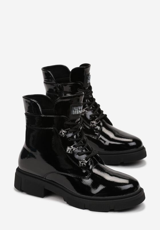 Czarne Sznurowane Botki na Płaskiej Podeszwie Ozdobione Cyrkonami Werive 4