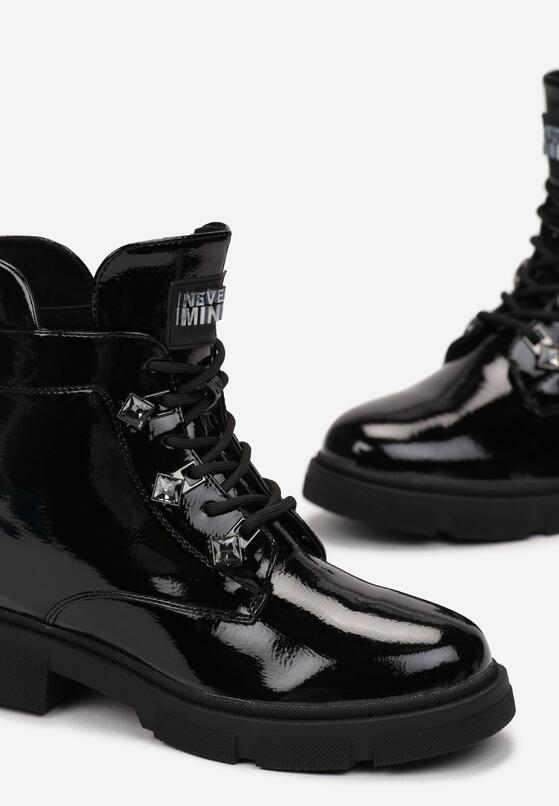 Czarne Sznurowane Botki na Płaskiej Podeszwie Ozdobione Cyrkonami Werive 5