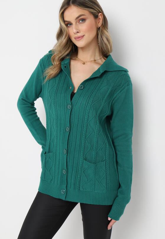 Ciemnozielony Kardigan na Guziki z Ozdobnym Splotem Pirova 2