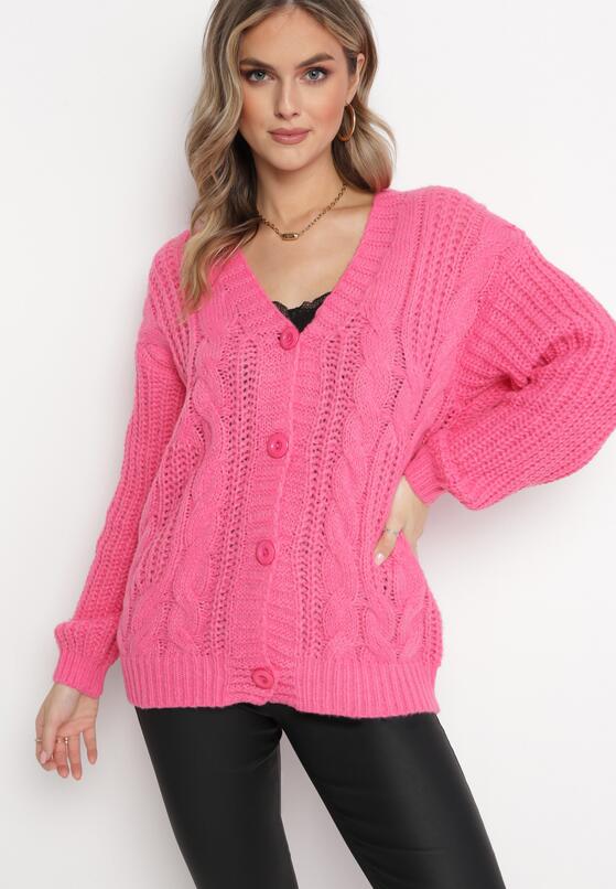 Fuksjowy Kardigan Zapinany na Guziki ze Ściągaczami Parlima 1