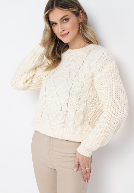 Jasnobeżowy Jednolity Sweter ze Ściągaczami i Klasycznym Splotem Loma 1