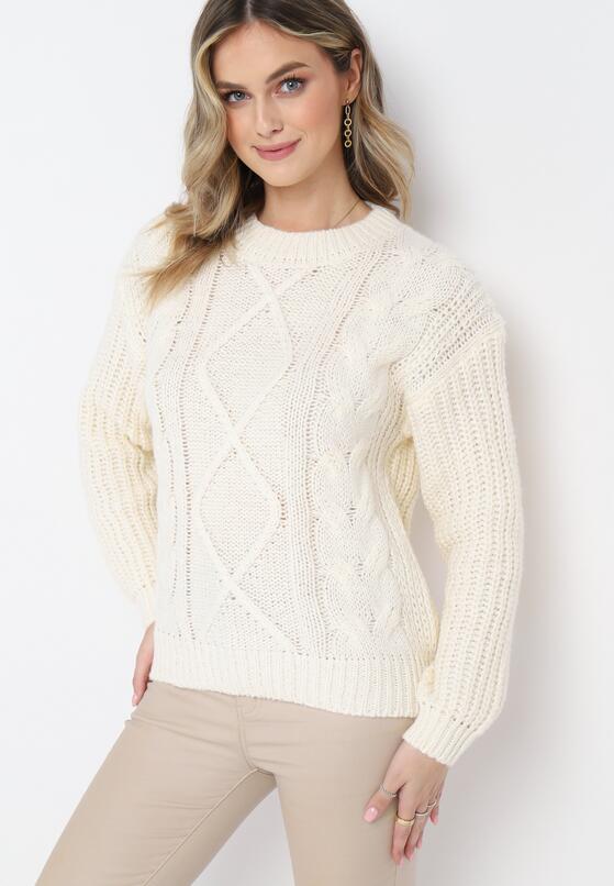 Jasnobeżowy Jednolity Sweter ze Ściągaczami i Klasycznym Splotem Loma 4