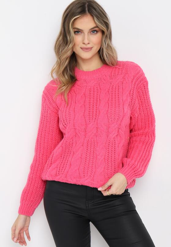 Fuksjowy Sweter w Ozdobny Splot Rulda 4