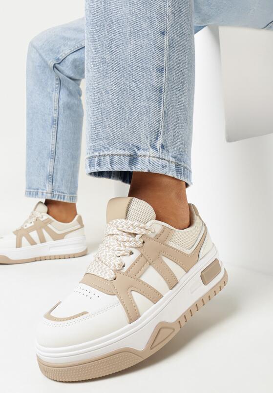 Ciemnobeżowe Sneakersy na Grubej Podeszwie z Przeszyciami Oleinva 1