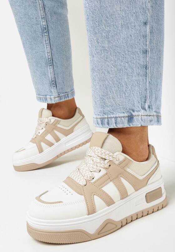 Ciemnobeżowe Sneakersy na Grubej Podeszwie z Przeszyciami Oleinva 2
