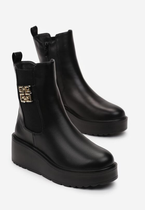 Czarne Botki na Koturnie z Metalową Ozdobą Bicesa 4