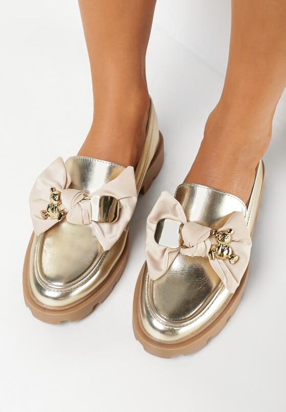 Złote Mokasyny z Ozdobną Kokardą Olevin 2